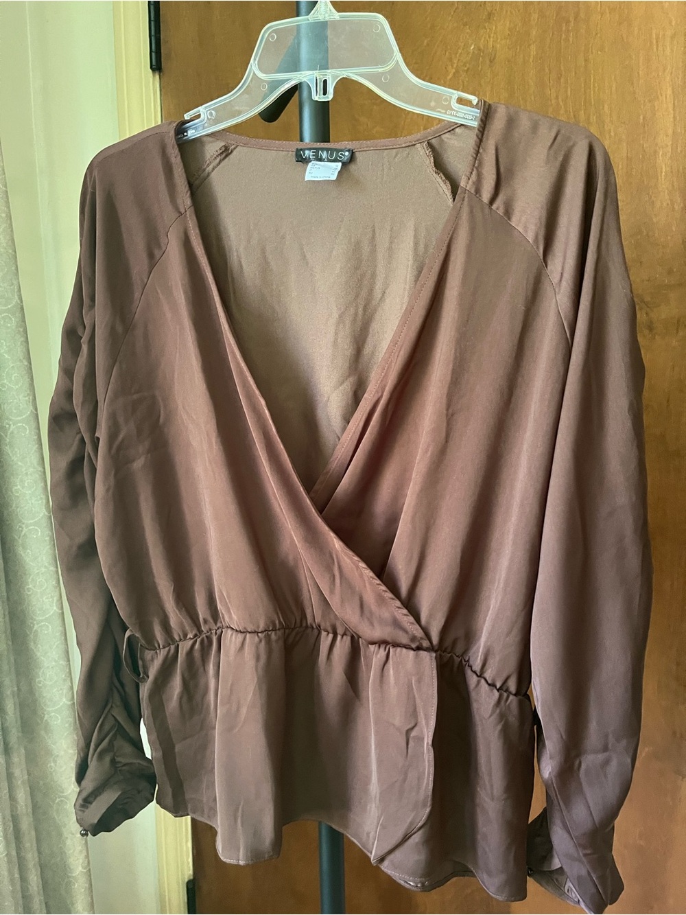 VENUS Chocolate Brown Wrap-Style Long Sleeve Blouse